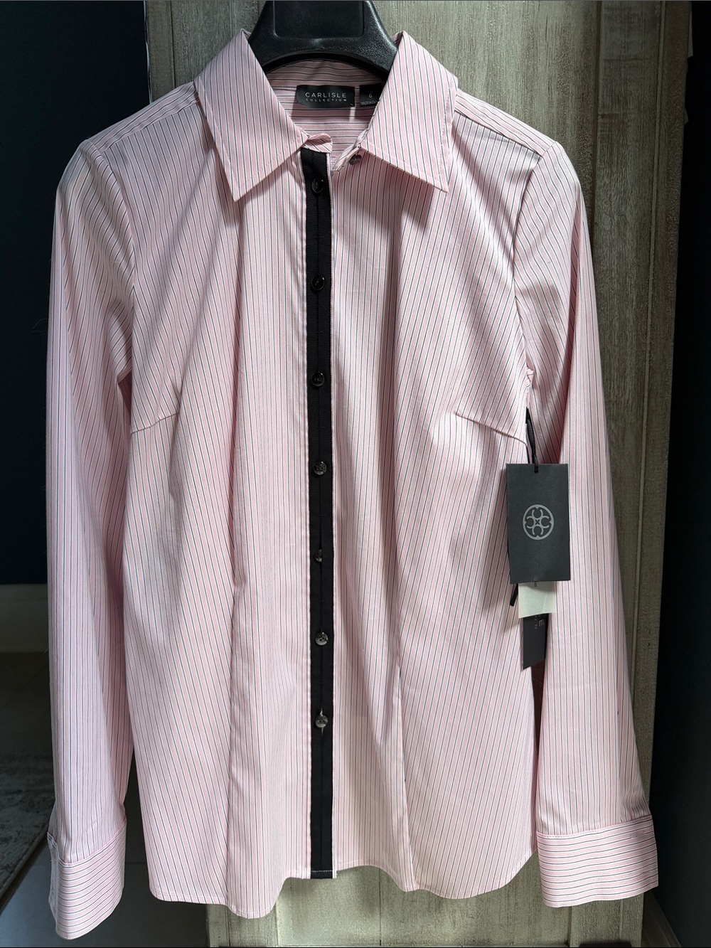 CARLISLE COLLECTION Light Pink Pinstripe Dress Shirt with Black Placket